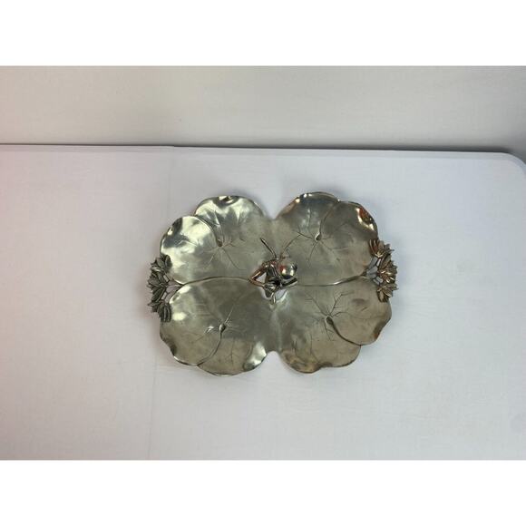 Antique Art Nouveau Pewter Fairy with Dove Lily Pads Sculpture Centerpiece Tray - Picture 3 of 12